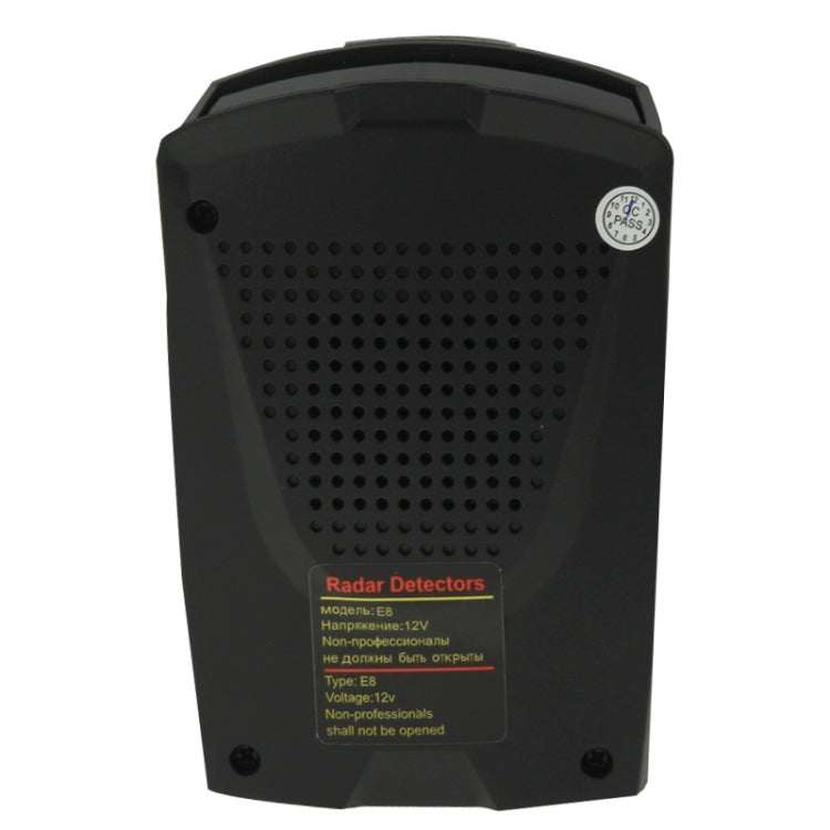 Back view radar detector with vented speaker grille and regulatory sticker