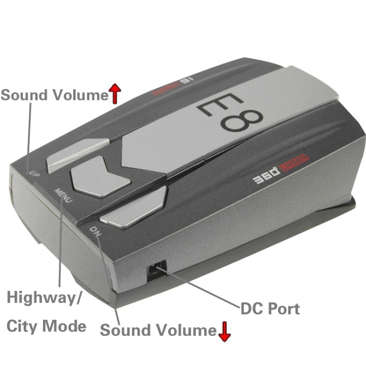 Side view radar detector with menu/on controls and DC power port