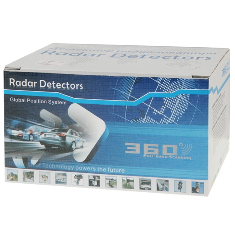 Radar detector retail box with blue global design and E8 branding