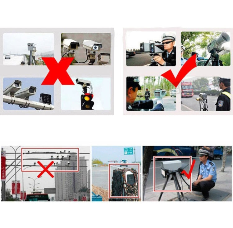Instruction graphic showing radar detector use in traffic with red X and green check