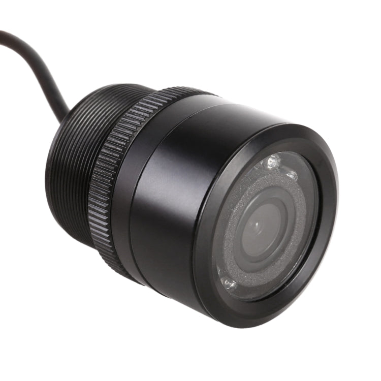 Black cylindrical rear view camera with wide-angle lens window and side ridges