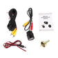 Rear view camera kit with black sensor, RCA cables, and mounting hardware