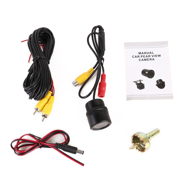 Rear view camera kit with black sensor, RCA cables, and mounting hardware