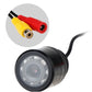 Car rear view camera with black lens housing, cable, and RCA connector ends