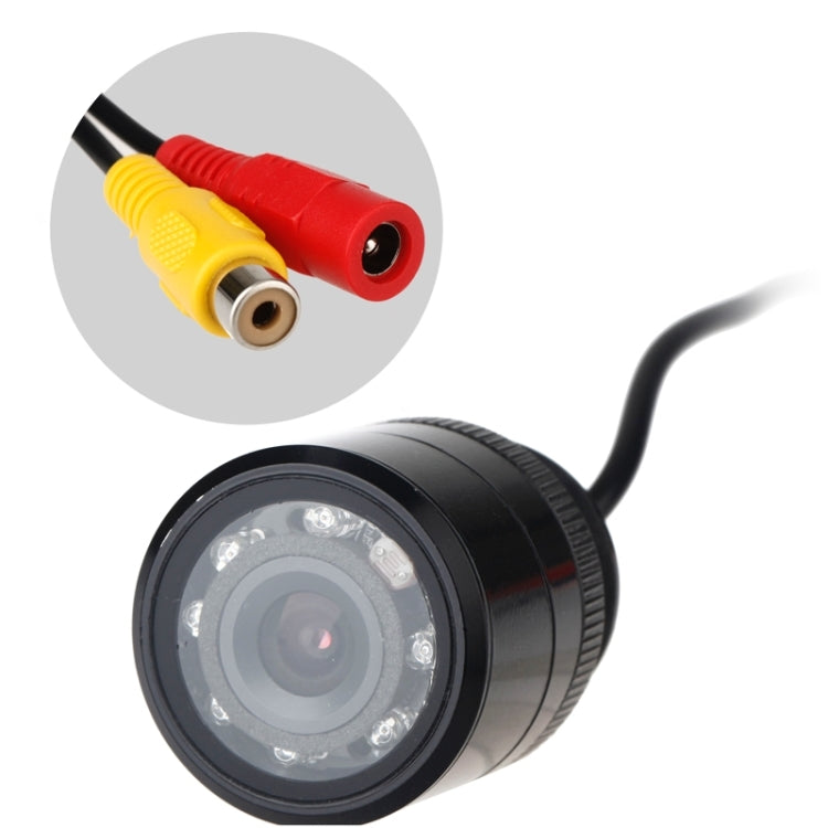 Car rear view camera with black lens housing, cable, and RCA connector ends