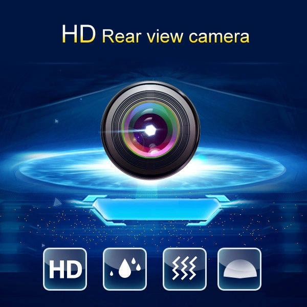 Car rear view camera with black lens and HD rear-view graphic