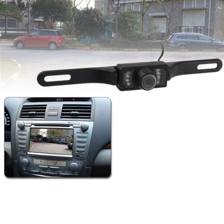 Car rear view camera with license-plate bracket and built-in lens, black housing