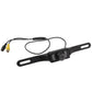 Car rear view camera with attached cables, black mounting bracket and lens