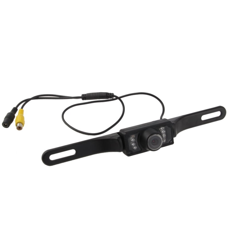 Car rear view camera with attached cables, black mounting bracket and lens
