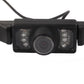 Car rear view camera front with central lens and four LED light windows, black