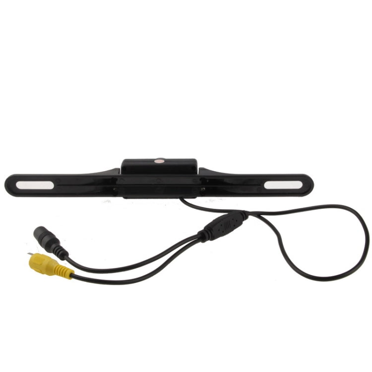 Car rear view camera with flip-style mount and power/video cable leads, black