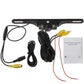 Car rear view camera kit with cables and instruction sheet, black housing