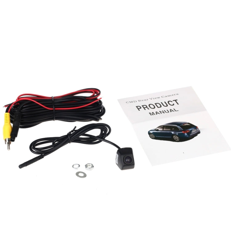 Rear view camera kit with camera, cables, and mounting hardware