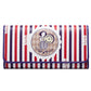 Flap-front long 3-fold wallet with vertical red, white, and purple stripes and sailor badge