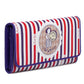 Long 3-fold wallet angled view with purple trim, red/white/purple stripes, and round emblem