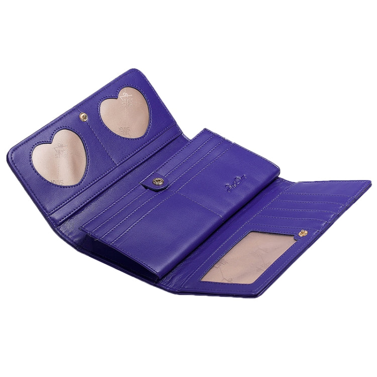 Opened long 3-fold wallet interior in purple with card slots and heart-pattern panels
