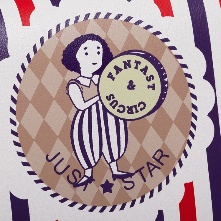 Circular sailor-girl badge close-up on striped long wallet with stars and checked background