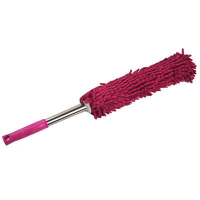 Magenta car cleaning brush with long red bristle head and straight metal handle