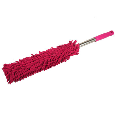 Car cleaning brush with magenta handle and dense red bristle pad, angled head