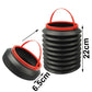 Collapsible car trash bin, black with red rim and handle, shown with size measurements 22cm