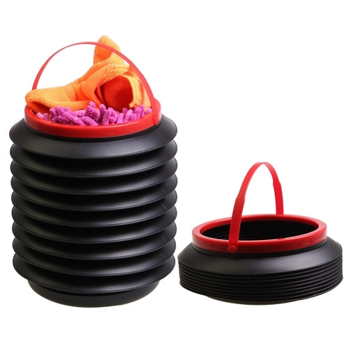 Collapsible car trash bin with two sizes, black accordion body, red top rim and handles