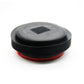 Collapsible car trash bin with lid closed, black base with red underside accent, round top