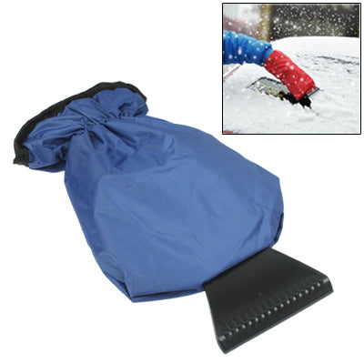 Blue snow shovel with protective sleeve and black scraper blade