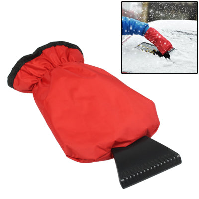 Red snow shovel with protective sleeve, black scraper head and blade