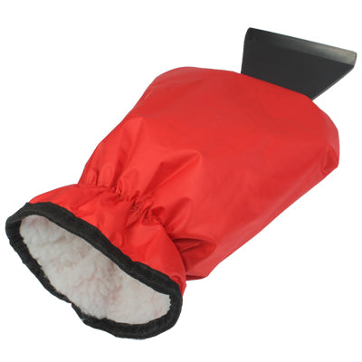 Red protective sleeve with black trim over snow shovel scraper