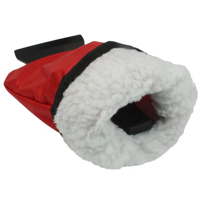 Red sleeve with white fleece lining and black-edged opening for snow shovel