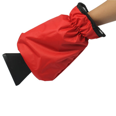 Red snow and ice shovel with protective sleeve shown on a person's arm