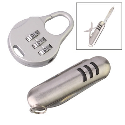 Gray mini combination lock and stainless folding tool knife, 3-number dials