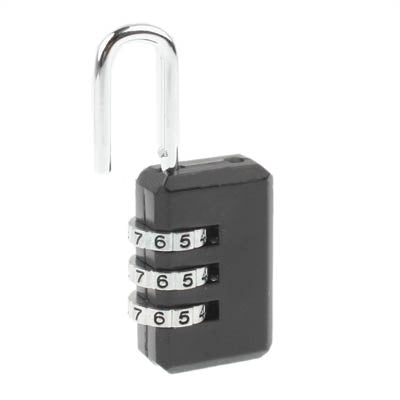 Black 3-digit resettable combination padlock with silver shackle; dials read 765