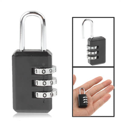Black 3-digit resettable combination padlock with silver shackle; dials read 109