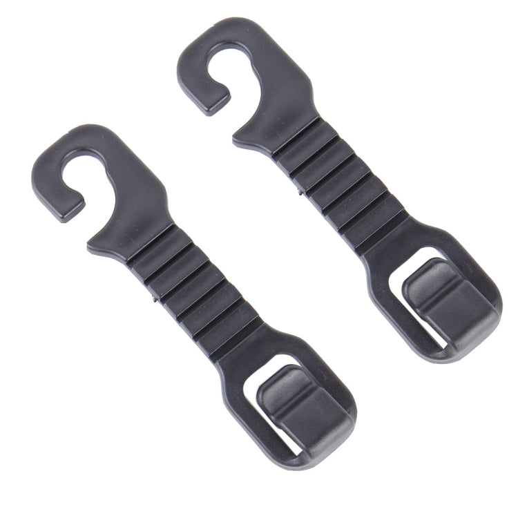 Set of black plastic car seat hooks with ridged grip and clip openings