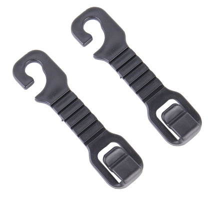 Set of black plastic car seat hooks with ridged grip and clip openings