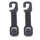 Pair of black plastic car seat headrest hooks with ridged grip and latch