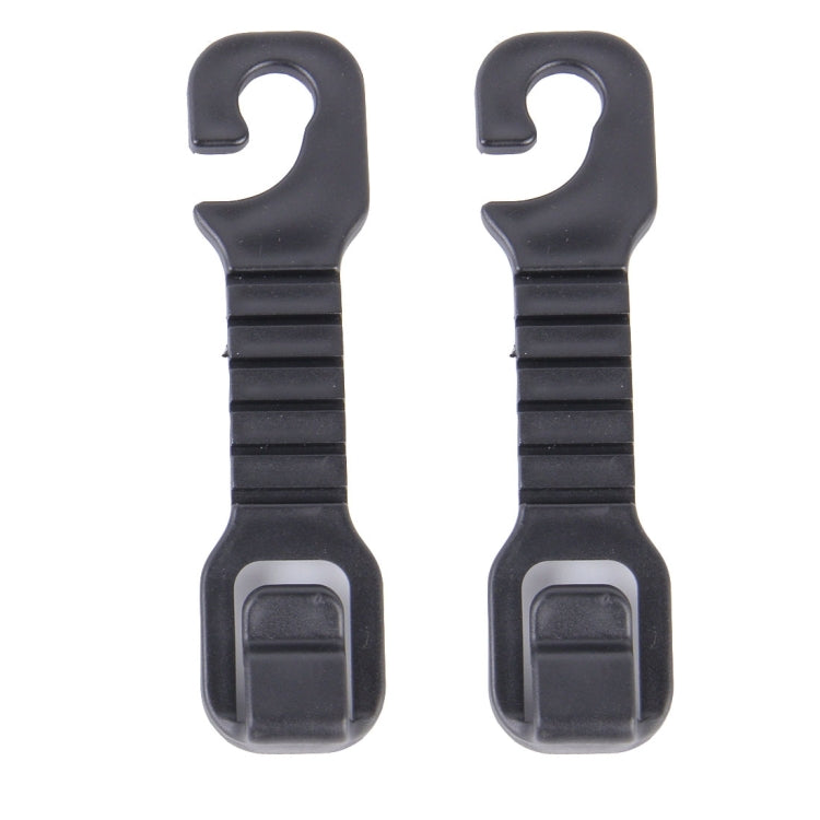 Pair of black plastic car seat headrest hooks with ridged grip and latch