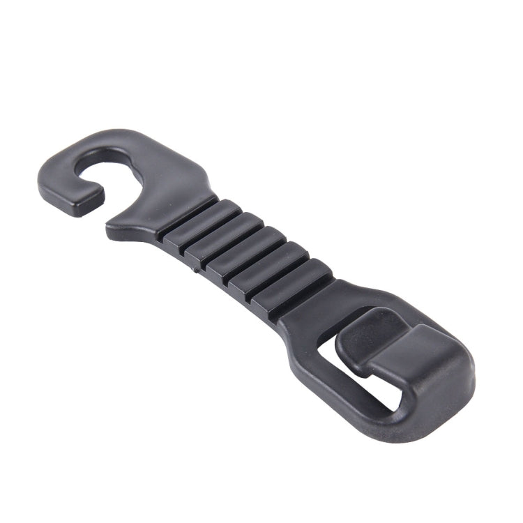 Black plastic car seat hook with rounded prong and locking clip opening