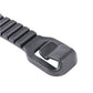 Close-up of black plastic car seat hook clasp, ridged strap, and handle loop