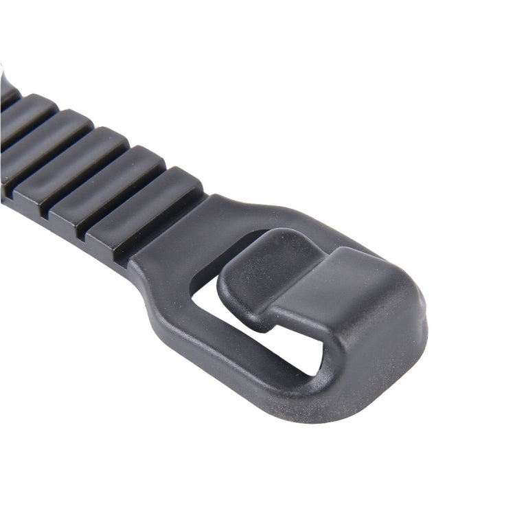 Close-up of black plastic car seat hook clasp, ridged strap, and handle loop