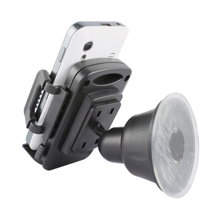 Black phone cradle holder with suction cup base, angled view