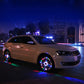 Car with solar wheel LED lights flashing multicolor around the rims