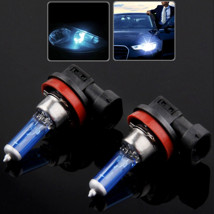 Pair of halogen headlight bulbs with blue glass tubes and black sockets, red rings