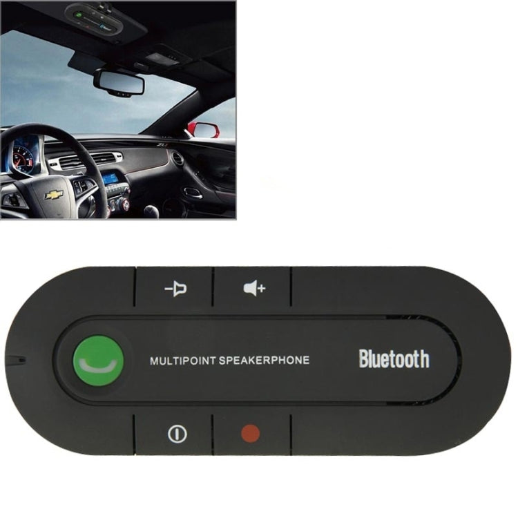 Car Bluetooth hands-free speakerphone transmitter mounted near rearview mirror, black