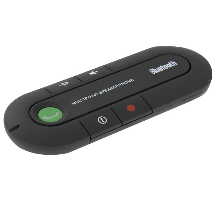 Black Bluetooth hands-free speakerphone with buttons and Bluetooth label, angled view