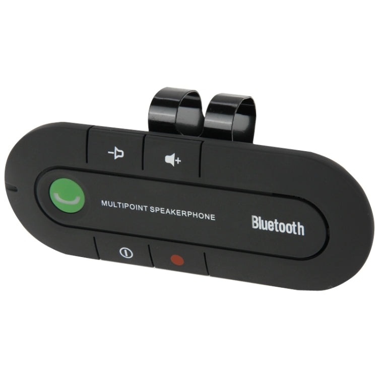 Black Bluetooth hands-free speakerphone with call controls and green power icon