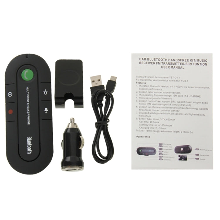 Bluetooth hands-free kit speakerphone with car power plug, cables, and instruction card