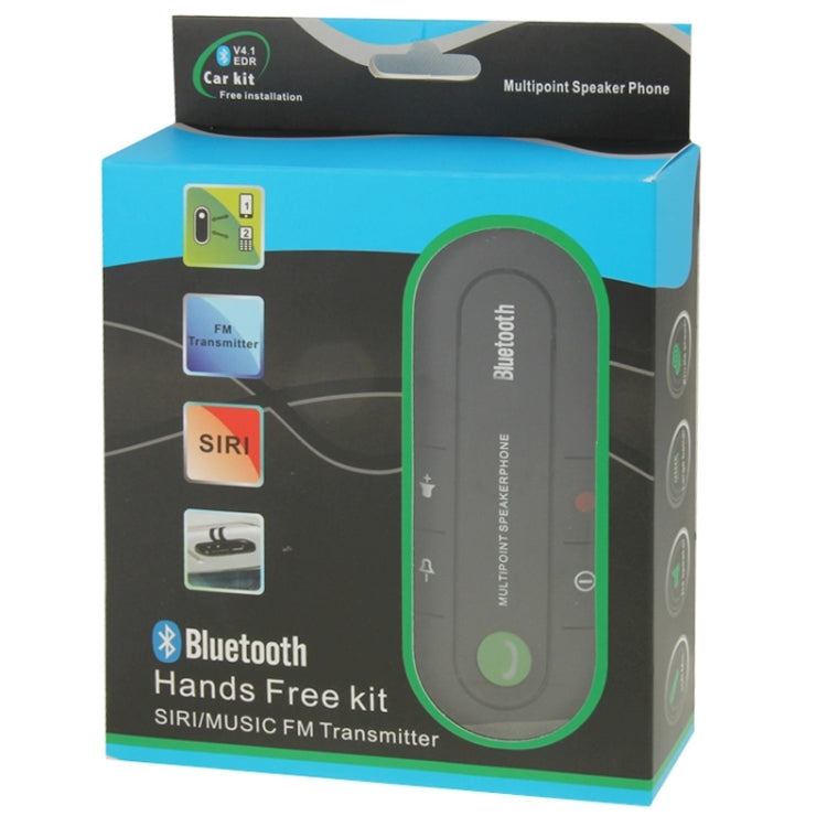 Bluetooth hands-free kit box with speakerphone product and FM transmitter icons