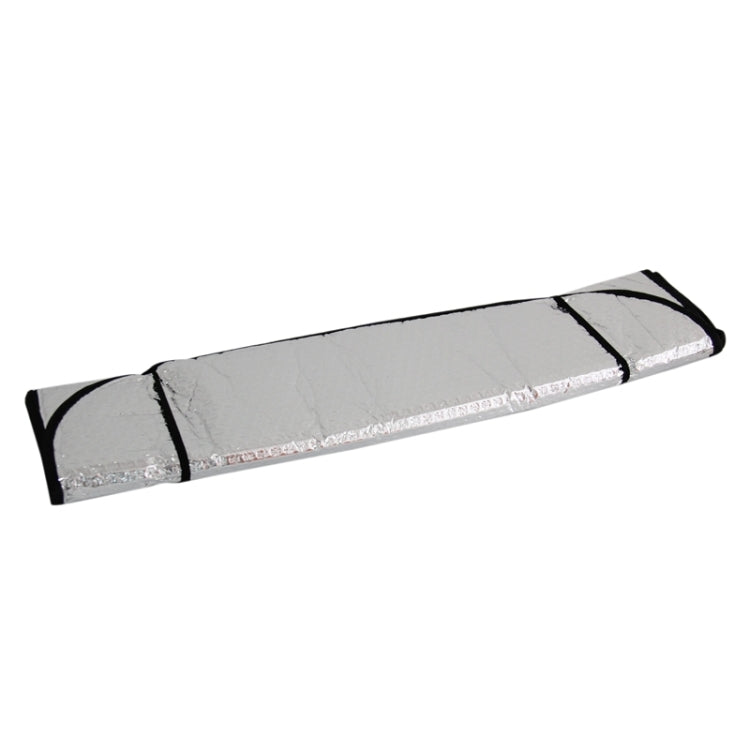 Foldable rear windshield sunshade rolled bundle with silver reflective foil and black ends